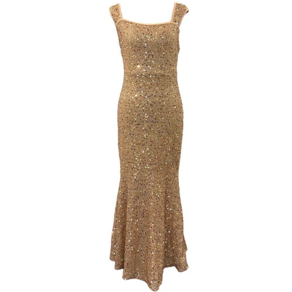 Gold sequin maxi dress with square neckline and cap sleeves Mannequin size s/m